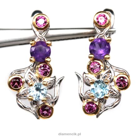 Kolczyki z topazami, ametystami i malinowymi granatami