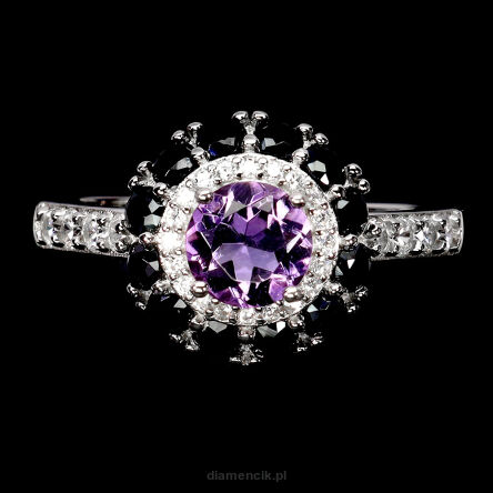 Pierścionek z ametystem, spinelami i cyrkoniami